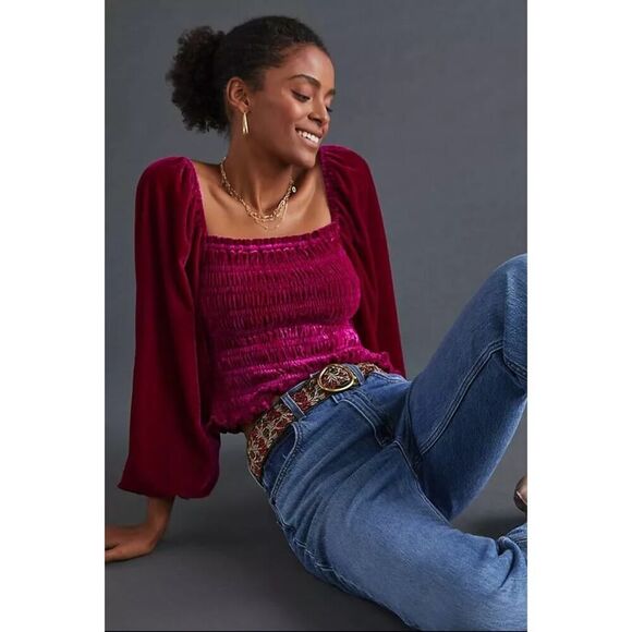 Anthropologie Puff-Sleeve Velvet Blouse Pink Size Small - Picture 1 of 8